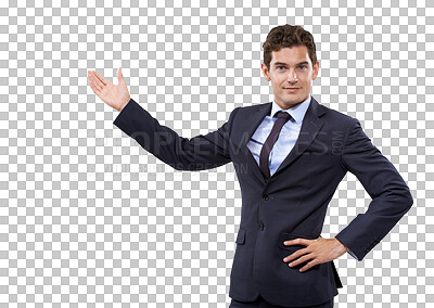 Buy stock photo Presentation, showing and portrait of business man with hand on isolated, PNG and transparent background. Professional, marketing and male person with gesture for announcement, news and advertising