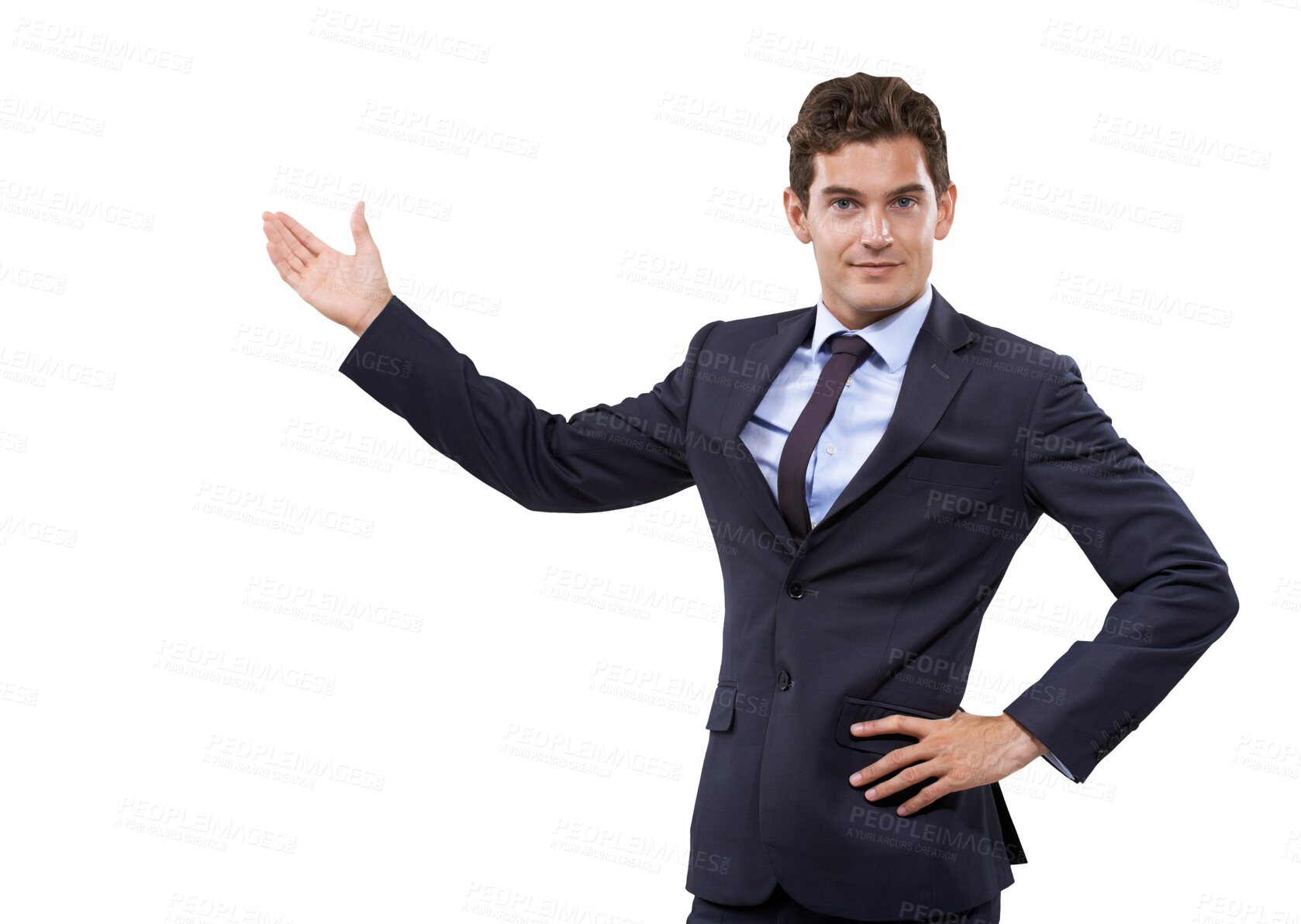 Buy stock photo Presentation, showing and portrait of business man with hand on isolated, PNG and transparent background. Professional, marketing and male person with gesture for announcement, news and advertising