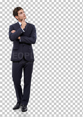 Buy stock photo Thinking, idea and solution with business man on transparent background for news, confused and decision. Choice, planning and doubt with employee isolated on png for question, strategy and wondering