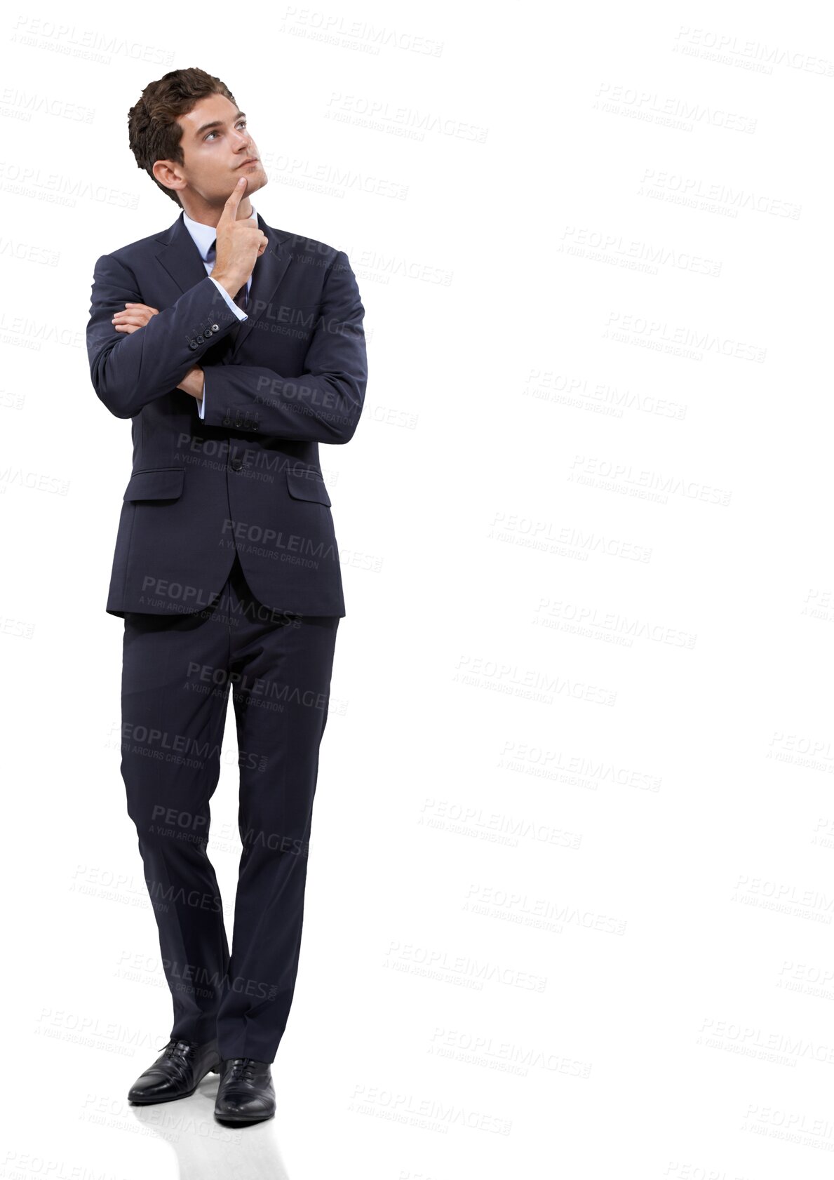 Buy stock photo Thinking, idea and solution with business man on transparent background for news, confused and decision. Choice, planning and doubt with employee isolated on png for question, strategy and wondering