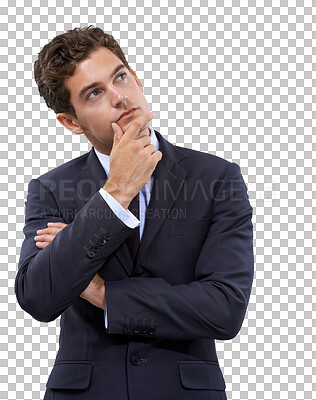 Buy stock photo Thinking, idea and confused with business man on transparent background for news, question and decision. Choice, planning and doubt with employee isolated on png for solution, strategy and wondering