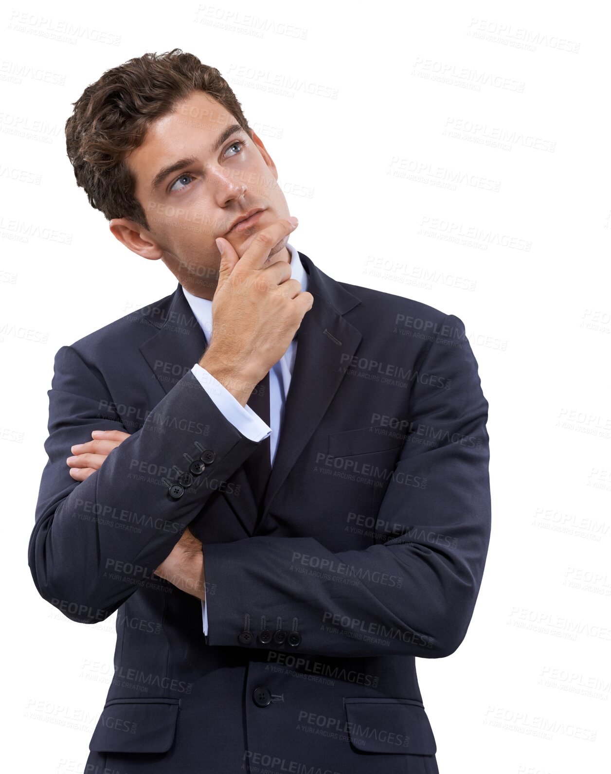 Buy stock photo Thinking, idea and confused with business man on transparent background for news, question and decision. Choice, planning and doubt with employee isolated on png for solution, strategy and wondering