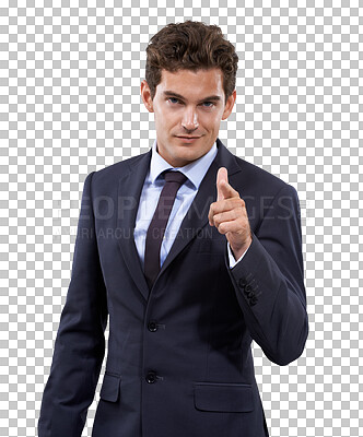 Buy stock photo Pointing at you, business man and portrait of professional isolated on a transparent, png background. Corporate employee or male person with hands or finger gun for choice, decision or accountability