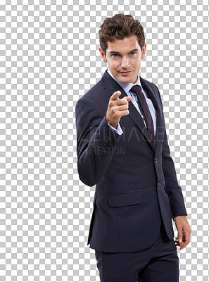 Buy stock photo Businessman, portrait and pointing to you in choice or selection isolated on a transparent PNG background. Man, employee or HR manager with finger point for business opportunity, choose or decision