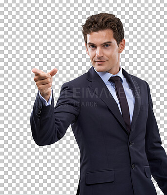 Buy stock photo Business man, portrait and pointing finger for presentation isolated on a transparent, png background. Corporate employee or male person with hand sign for advertising, information or announcement