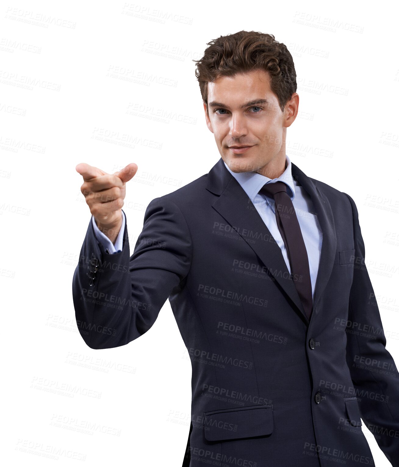 Buy stock photo Business man, portrait and pointing finger for presentation isolated on a transparent, png background. Corporate employee or male person with hand sign for advertising, information or announcement