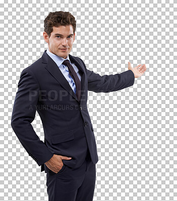 Buy stock photo Advertising, portrait and business man gesture at sales discount, corporate service deal or news information. Presentation, logo design and professional person isolated on transparent, png background