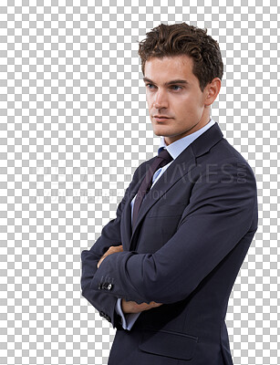 Buy stock photo Idea, thinking and business man with arms crossed on isolated, transparent and png background. Brainstorming, solution and and male manager with problem solving, questions and decision, choice or why