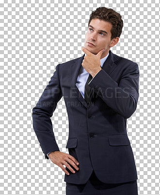 Buy stock photo Thinking, idea and decision with business man on transparent background for news, confused and question. Choice, planning and doubt with employee isolated on png for solution, strategy and wondering