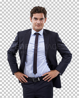 Buy stock photo Business man, confident portrait and professional style isolated on a transparent, png background. Corporate employee, worker and young male person with success in suit ready to work with smile