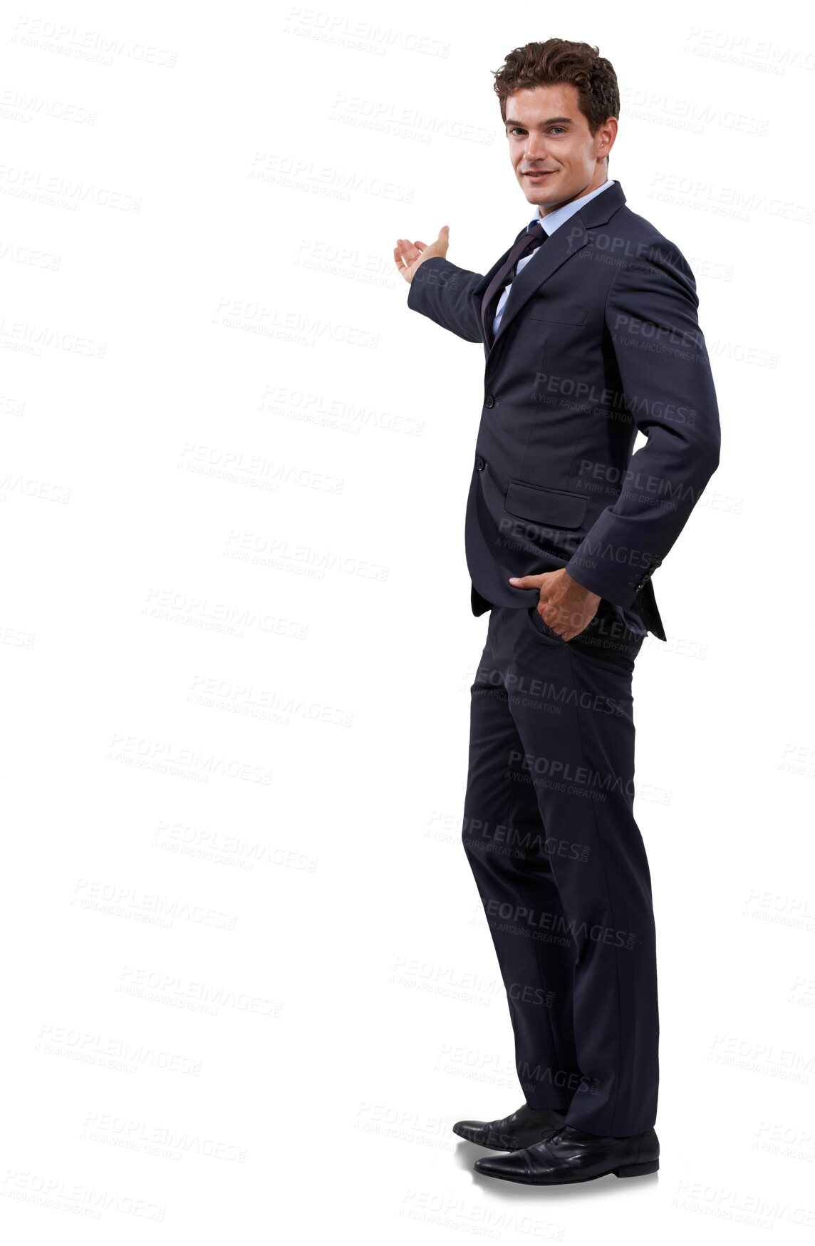 Buy stock photo Portrait of businessman, presentation and ideas isolated on transparent png background, deal and promo at tradeshow. Showing idea, pointing and man showing proposal, information review or feedback.