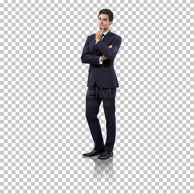 Buy stock photo Thinking, choice and portrait of business man on transparent background for news, confused and decision. Idea, planning and doubt with employee isolated on png for solution, strategy and wondering