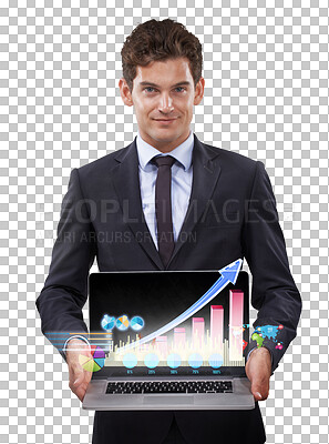 Buy stock photo Laptop, virtual statistics and happy man, business portrait trader and smile for stock market success, trading or economy. Finance, growth data and person isolated on transparent, png background