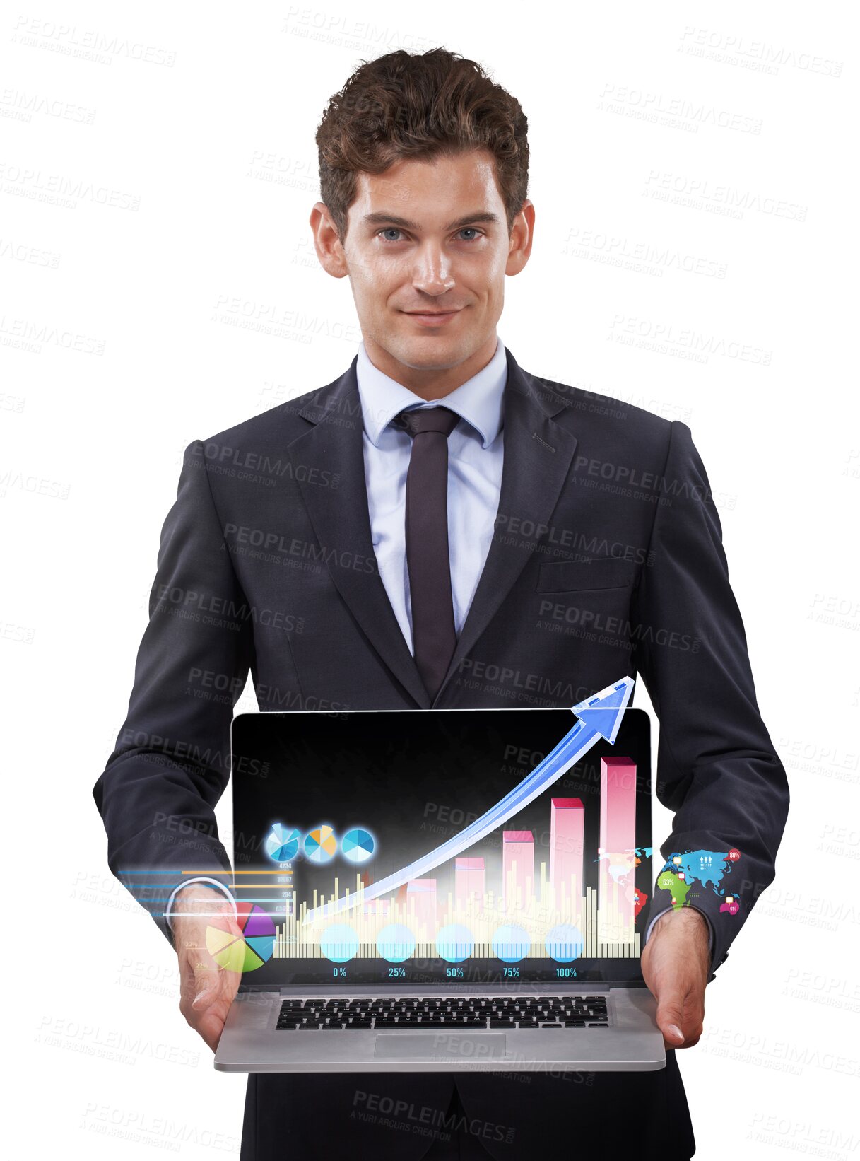 Buy stock photo Laptop, virtual statistics and happy man, business portrait trader and smile for stock market success, trading or economy. Finance, growth data and person isolated on transparent, png background