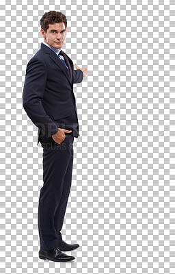 Buy stock photo Portrait of businessman, presentation and offer isolated on transparent png background, deal and promo at tradeshow. Tips, ideas and man pointing at startup proposal, information review or feedback.