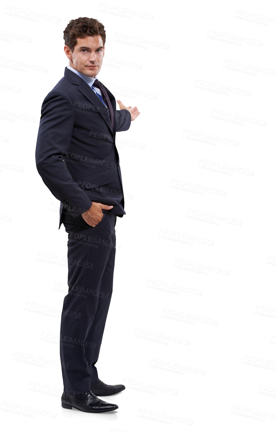 Buy stock photo Portrait of businessman, presentation and offer isolated on transparent png background, deal and promo at tradeshow. Tips, ideas and man pointing at startup proposal, information review or feedback.