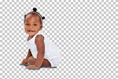 Buy stock photo Isolated African baby girl, portrait and smile for childhood development by transparent png background. Young black kid, infant or toddler with playing, learning and growth with happiness on face