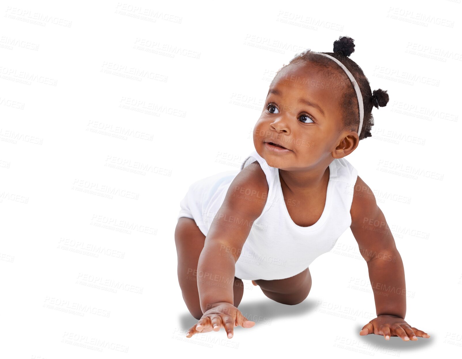 Buy stock photo Cute, small and children with baby crawling on transparent background for youth, innocence and learning. Smile, african and sweet with toddler isolated on png for playful, cheerful and positive