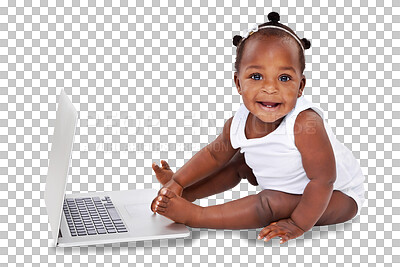 Buy stock photo Isolated African baby girl, portrait and laptop for childhood development by transparent png background. Young black kid, infant or toddler with computer, learning and growth with happiness on face