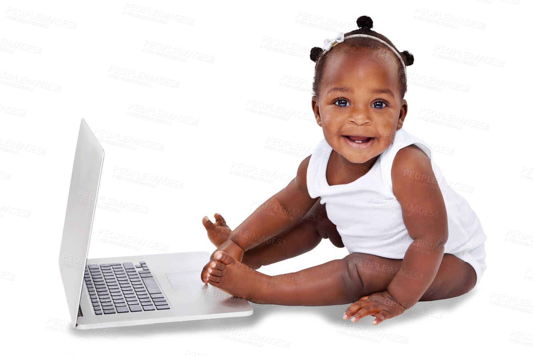 Buy stock photo Isolated African baby girl, portrait and laptop for childhood development by transparent png background. Young black kid, infant or toddler with computer, learning and growth with happiness on face