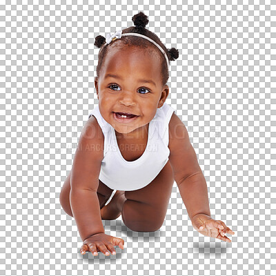 Buy stock photo Cute, playing and smile with baby crawling on transparent background for youth, innocence and learning. Smile, african and sweet with toddler isolated on png for playful, cheerful and positive