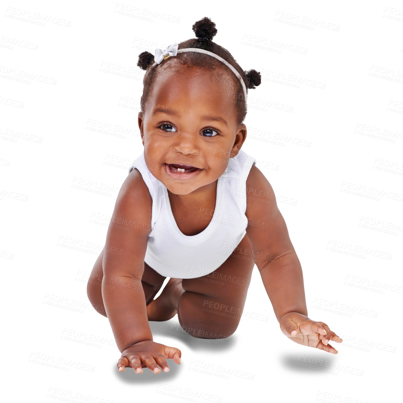 Buy stock photo Cute, playing and smile with baby crawling on transparent background for youth, innocence and learning. Smile, african and sweet with toddler isolated on png for playful, cheerful and positive