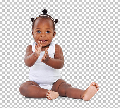 Buy stock photo Happy, portrait and baby clapping hands for child development, growth or celebration. Smile, toddler and cute African girl infant sitting and playing on floor isolated by a transparent png background