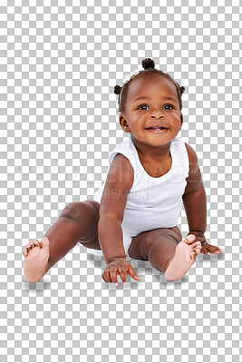 Buy stock photo Isolated African baby girl, smile and sitting with happiness, childhood development and transparent png background. Young happy toddler, black kid and relax for playing, learning and excited in youth