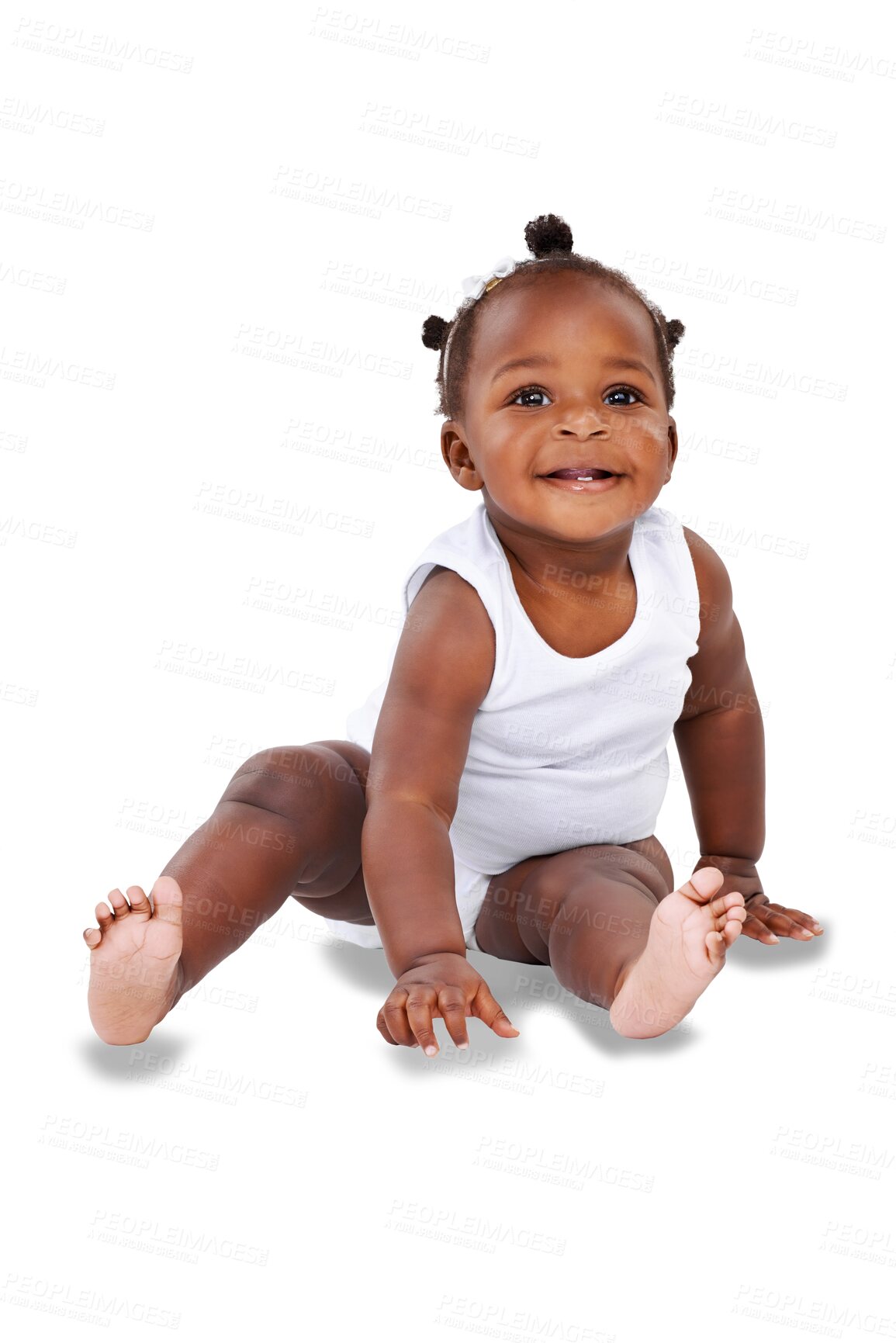 Buy stock photo Isolated African baby girl, smile and sitting with happiness, childhood development and transparent png background. Young happy toddler, black kid and relax for playing, learning and excited in youth