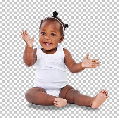 Buy stock photo Happy, smile and baby clapping hands for child development, growth or celebration. Excited, healthy toddler and cute African girl infant playing on floor isolated on a transparent, png background