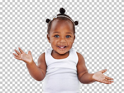 Buy stock photo Portrait, african and a cute girl baby isolated on a transparent background for growth or child development. Children, health and youth with an adorable or cute newborn female infant kid on PNG