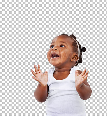 Buy stock photo Curious, african and an adorable girl baby isolated on a transparent background for growth or child development. Children, health and youth with an innocent or cute newborn female infant kid on PNG