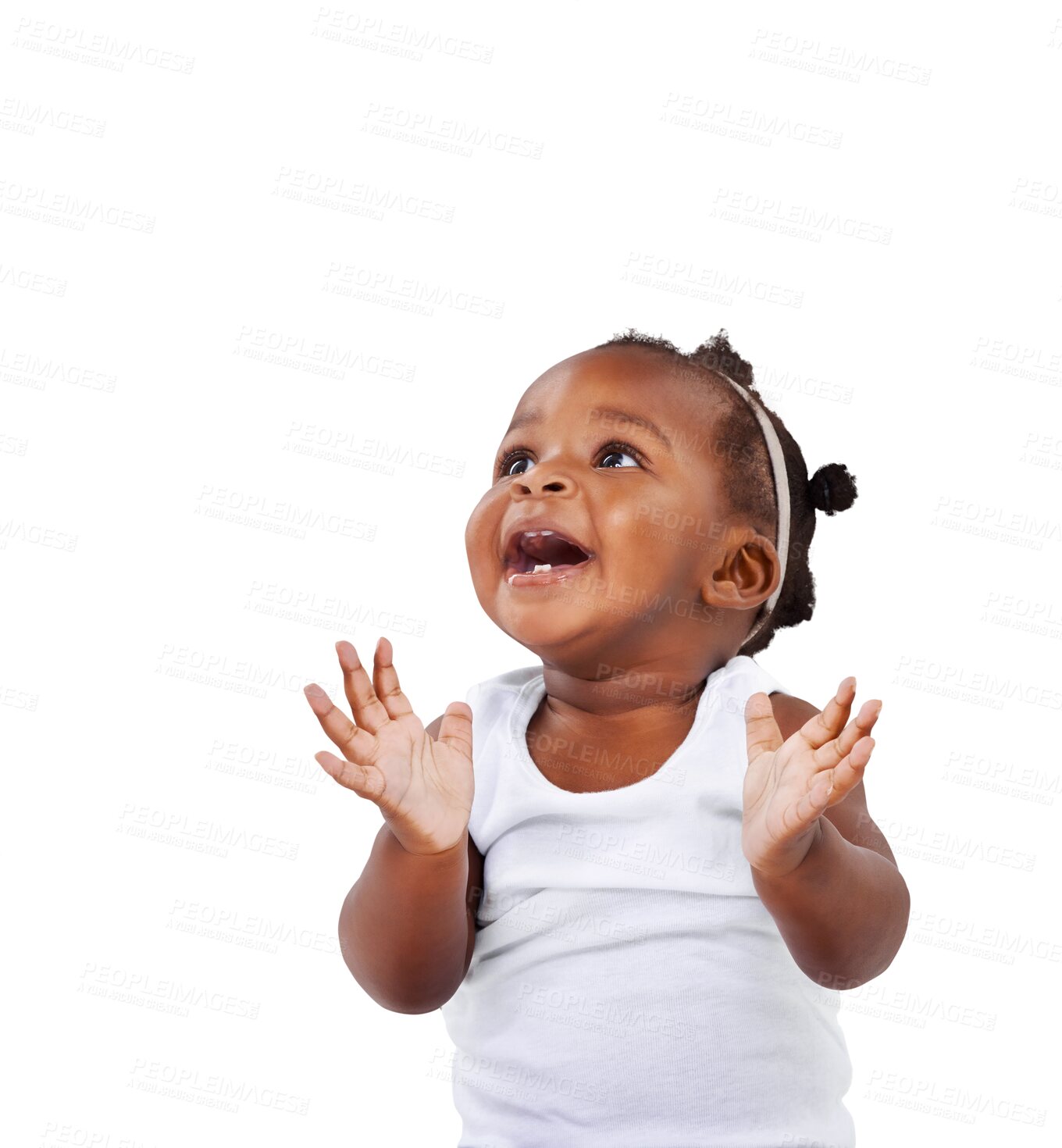 Buy stock photo Curious, african and an adorable girl baby isolated on a transparent background for growth or child development. Children, health and youth with an innocent or cute newborn female infant kid on PNG