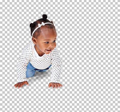 Buy stock photo Cute, crawling and happy with baby and playing on transparent background for youth, innocence and learning. Smile, african and sweet with toddler isolated on png for playful, cheerful and positive