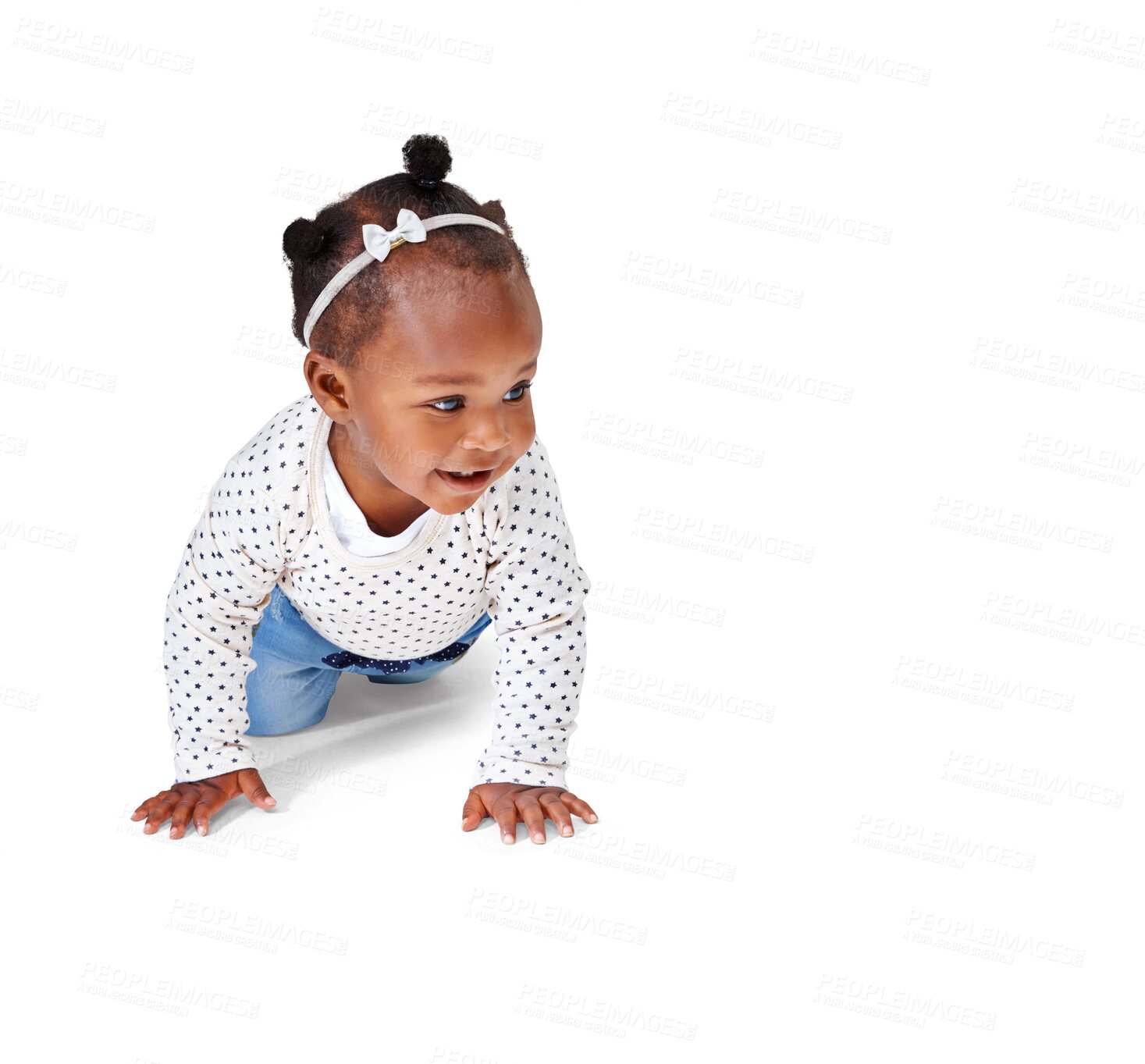 Buy stock photo Cute, crawling and happy with baby and playing on transparent background for youth, innocence and learning. Smile, african and sweet with toddler isolated on png for playful, cheerful and positive