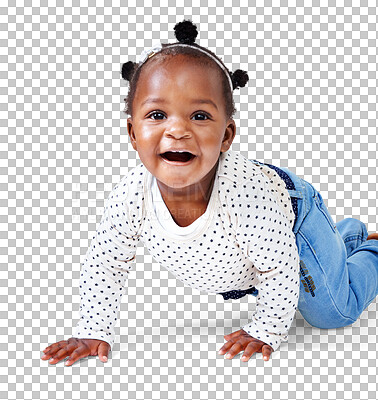 Buy stock photo Cute, crawling and happy with portrait of baby on transparent background for youth, innocence and learning. Smile, african and sweet with toddler isolated on png for playful, cheerful and positive