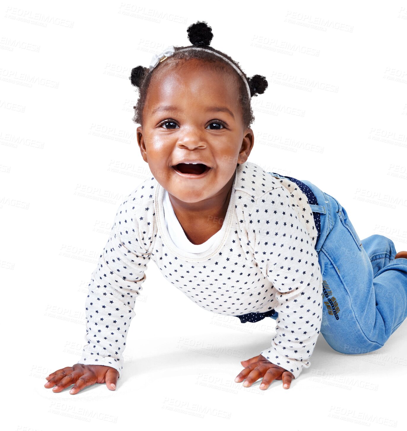 Buy stock photo Cute, crawling and happy with portrait of baby on transparent background for youth, innocence and learning. Smile, african and sweet with toddler isolated on png for playful, cheerful and positive