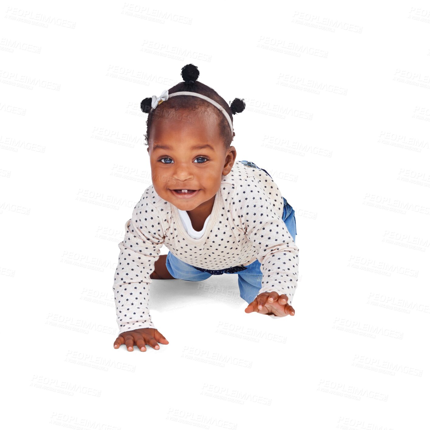 Buy stock photo Cute, crawling and playful with portrait of baby on transparent background for youth, innocence and learning. Smile, african and sweet with toddler isolated on png for happy, cheerful and positive