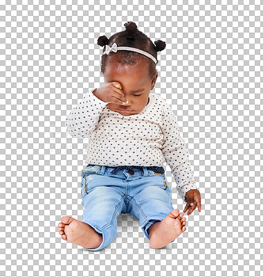 Buy stock photo Baby, girl and rubbing her eyes is tired or sad in png or isolated and transparent background with clothes. Sleepy, toddler and cute face or rubs eye is exhausted sitting on floor with jeans.