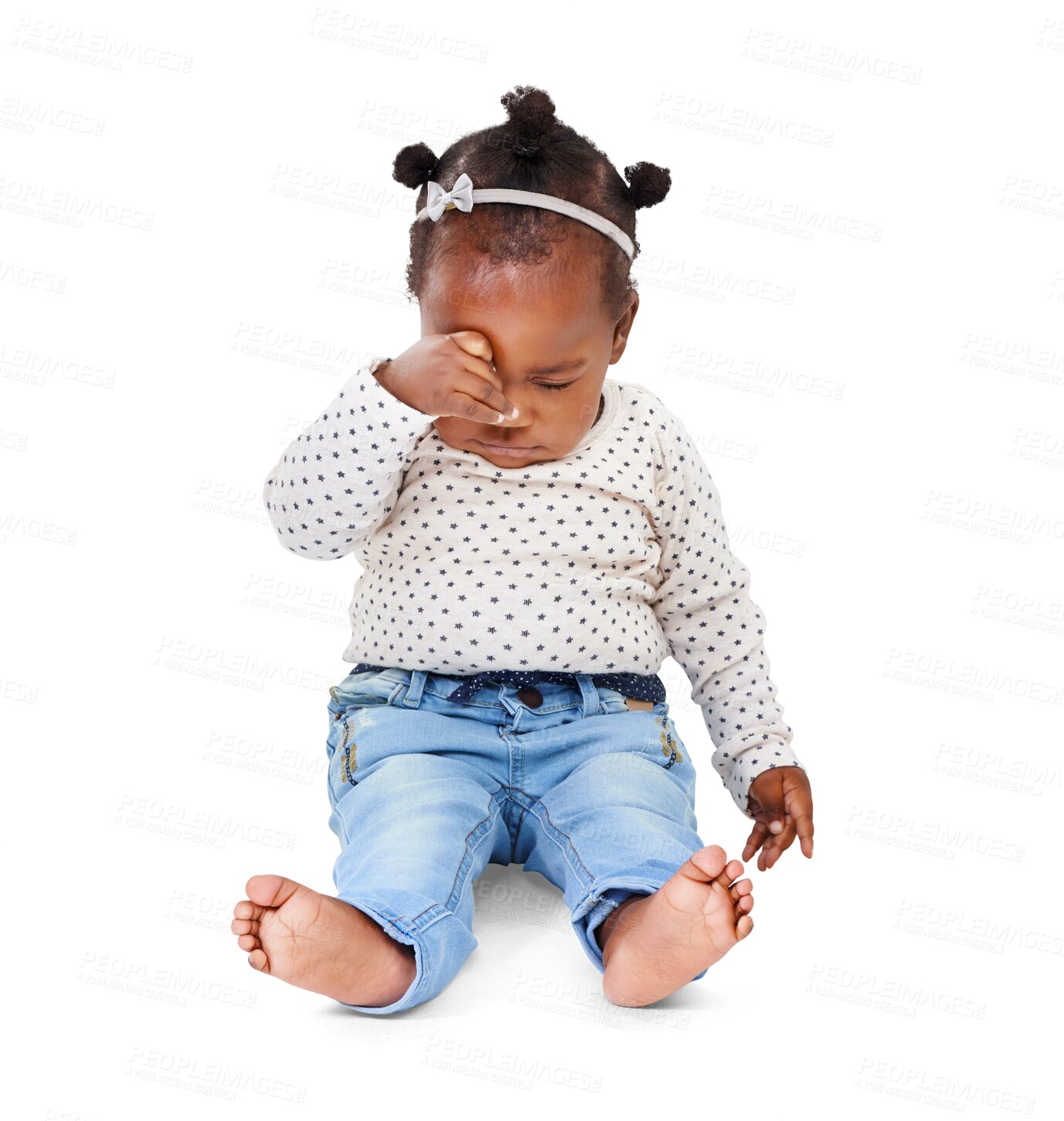 Buy stock photo Baby, girl and rubbing her eyes is tired or sad in png or isolated and transparent background with clothes. Sleepy, toddler and cute face or rubs eye is exhausted sitting on floor with jeans.