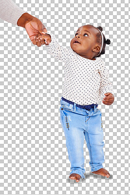 Buy stock photo African baby girl, walk and holding hands to learn with parent, care or teaching by transparent png background. Young black kid, toddler or helping hand for support, balance and isolated for walking