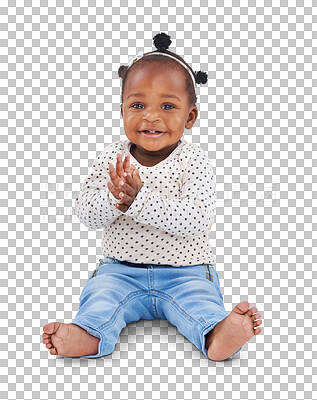 Buy stock photo Portrait, african and a pure girl baby isolated on a transparent background for growth or child development. Children, health and youth with an adorable or cute newborn female infant kid on PNG