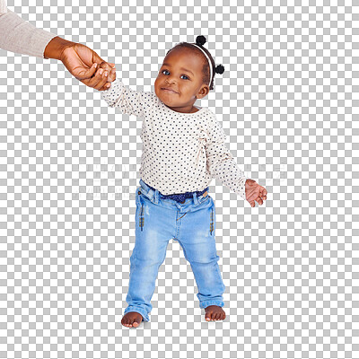 Buy stock photo African baby girl, walk and holding hands in portrait, learning and parent with care by transparent png background. Young black kid, toddler or helping hand for support, balance or isolated for steps