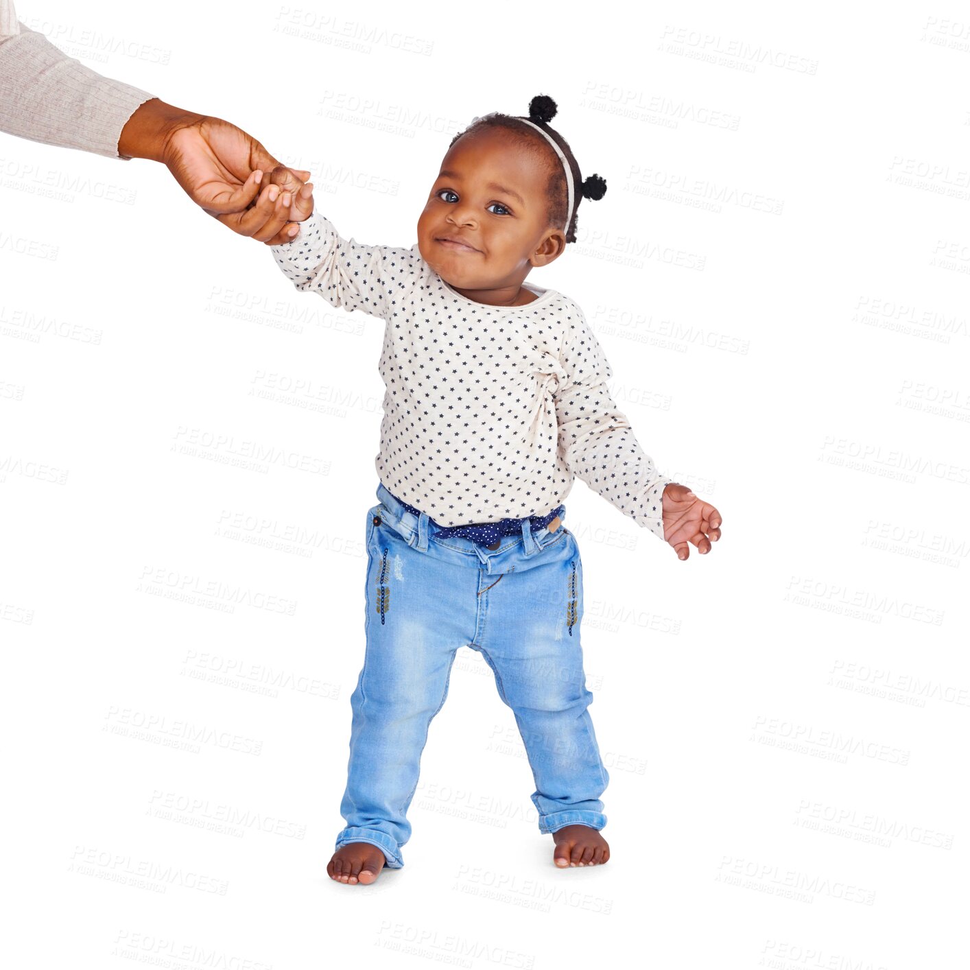 Buy stock photo African baby girl, walk and holding hands in portrait, learning and parent with care by transparent png background. Young black kid, toddler or helping hand for support, balance or isolated for steps