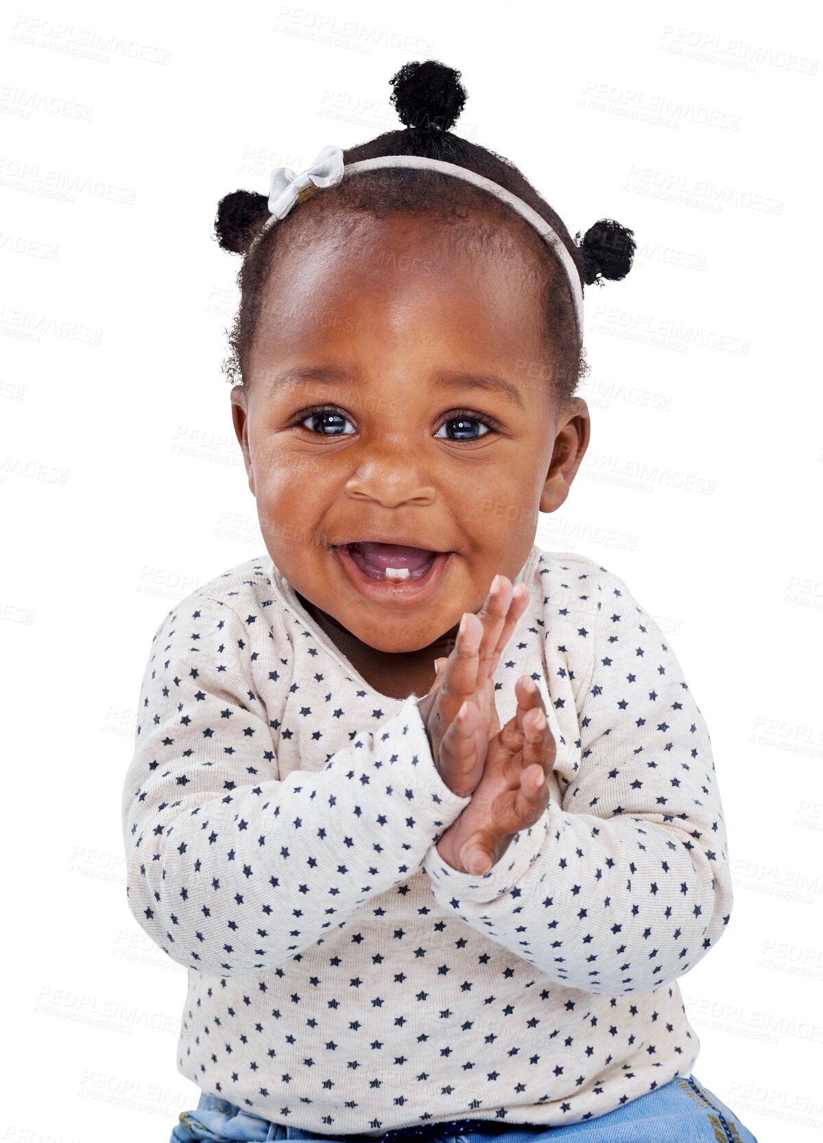 Buy stock photo Portrait, african and a playful girl baby isolated on a transparent background for growth or child development. Children, health and youth with an innocent or pure newborn female infant kid on PNG