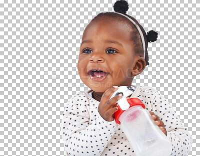 Buy stock photo Isolated African toddler girl, bottle and happy for playing, soccer ball and transparent png background. Young black baby, learning and childhood development with football, growth and kids fashion