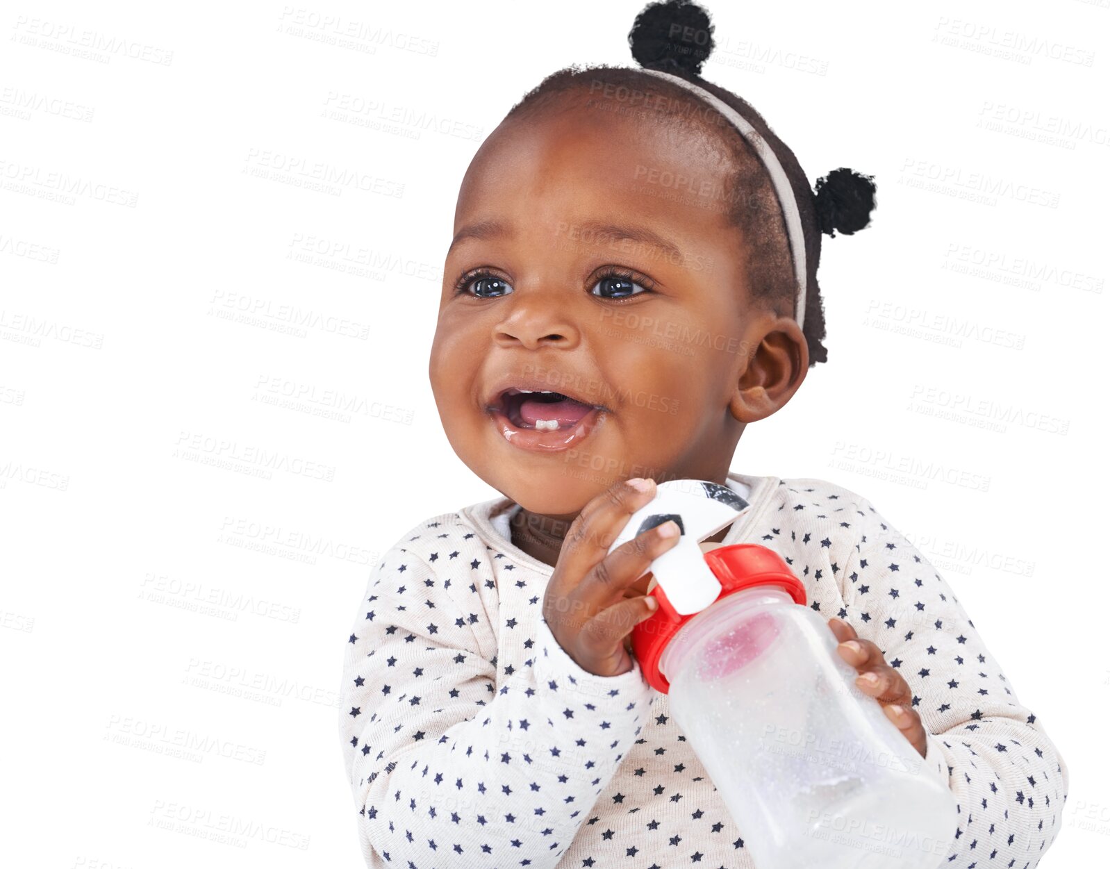 Buy stock photo Isolated African toddler girl, bottle and happy for playing, soccer ball and transparent png background. Young black baby, learning and childhood development with football, growth and kids fashion