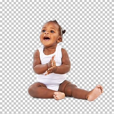 Buy stock photo Cute, laughing and baby girl clapping hands for child development, growth or celebration. Smile, toddler and cute African infant sitting and playing on floor isolated by a transparent png background.