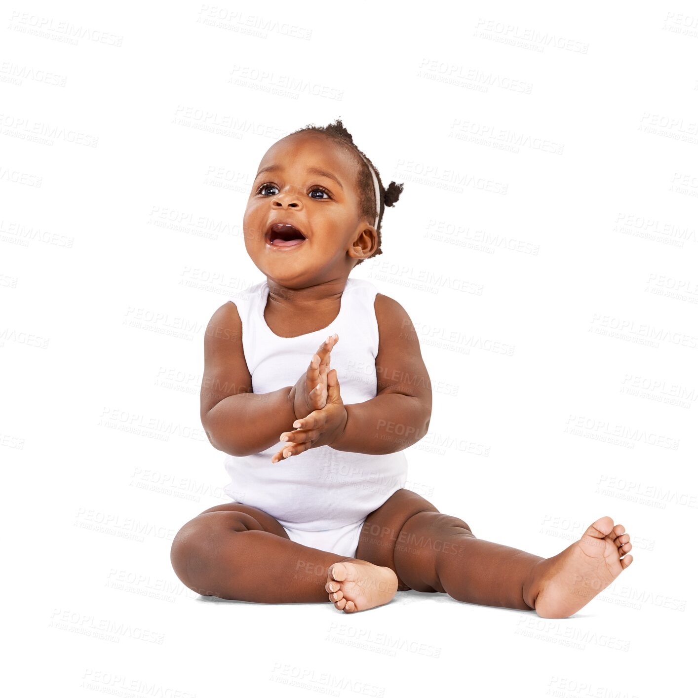 Buy stock photo Cute, laughing and baby girl clapping hands for child development, growth or celebration. Smile, toddler and cute African infant sitting and playing on floor isolated by a transparent png background.