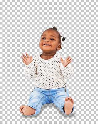 Buy stock photo African, children and adorable with a girl baby isolated on a transparent background for child development. Kids, happy and innocent with a cute young female infant sitting on PNG in a casual outfit